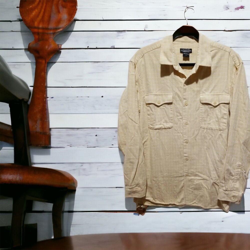 Men's J. Peterman Co Soft Flannel Yellow Shirt Size L~ Long Sleeve Pockets Plaid